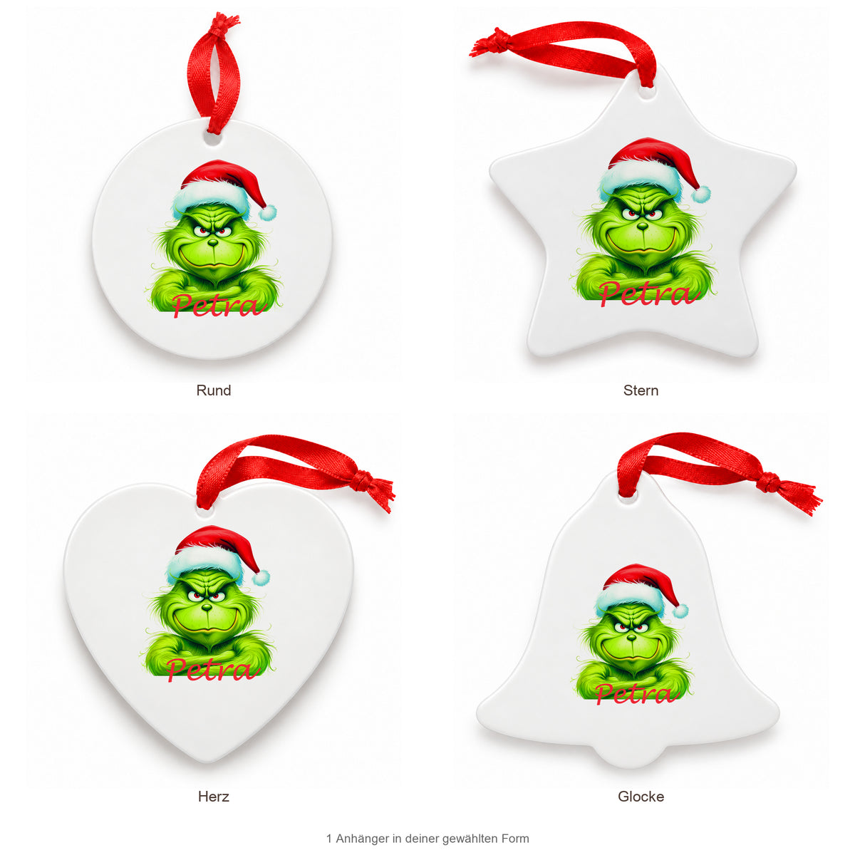 Weihnachtsanhänger personalisiert Grinch 2 mit Wunschnamen – Rund, Stern, Herz oder Glocke