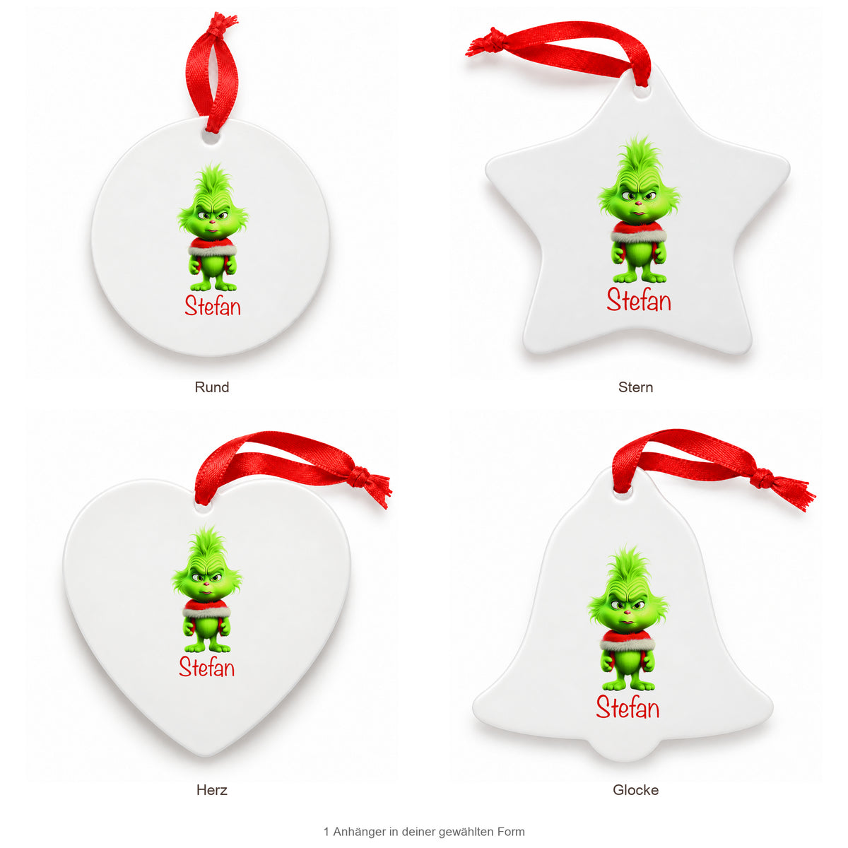 MUCKKI-PRO:5860b0bac88bd1a7cf491a305439cca1cc72834bc9ad6759a8443d0037c88d52:Weihnachtsanhänger personalisiert Grinch 1 mit Wunschnamen – Rund, Stern, Herz oder Glocke