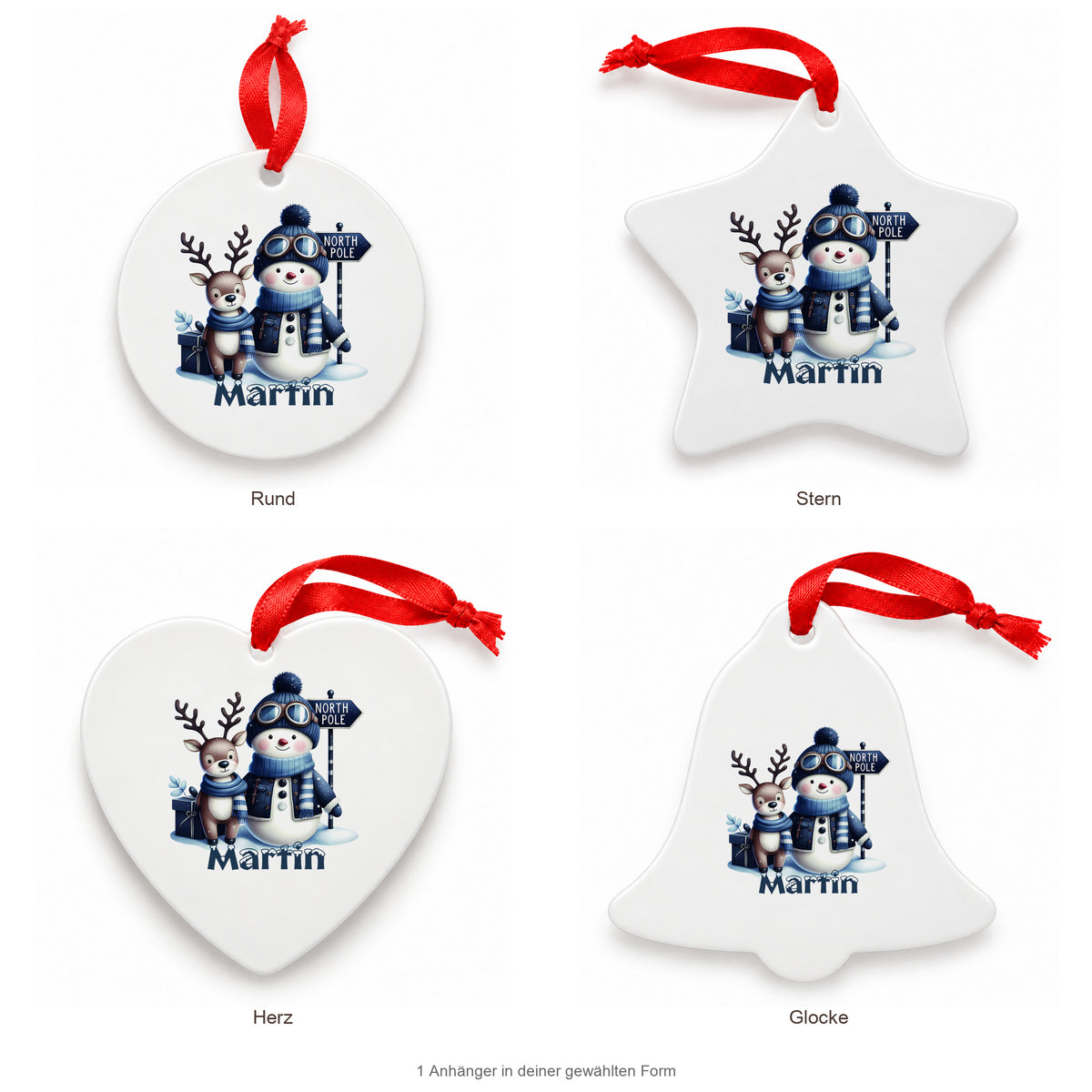Weihnachtsanhänger personalisiert Schneemann 5 mit Wunschnamen – Rund, Stern, Herz oder Glocke