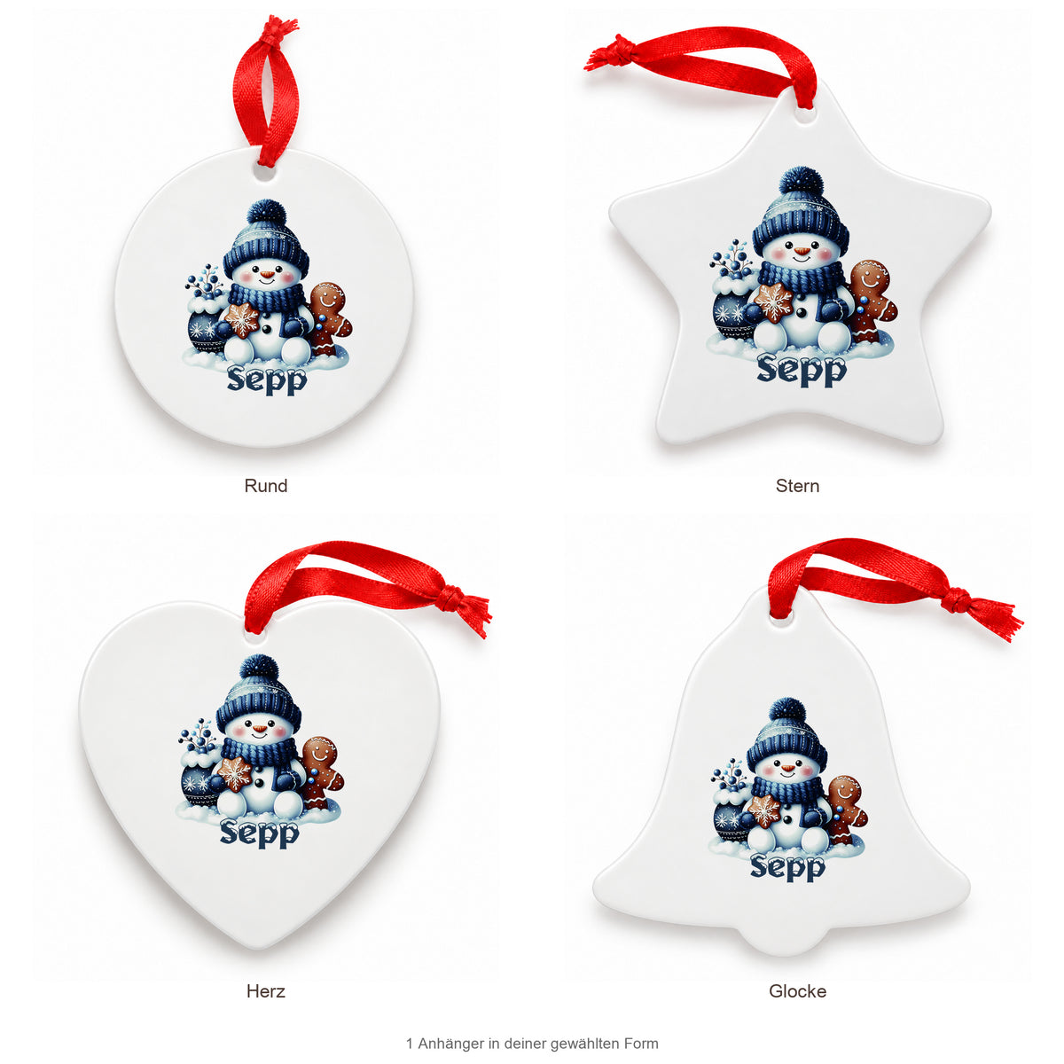 Weihnachtsanhänger personalisiert Schneemann 4 mit Wunschnamen – Rund, Stern, Herz oder Glocke