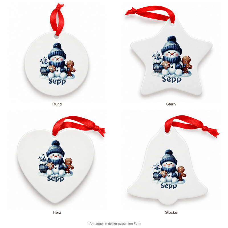 Weihnachtsanhänger personalisiert Schneemann 4 mit Wunschnamen – Rund, Stern, Herz oder Glocke