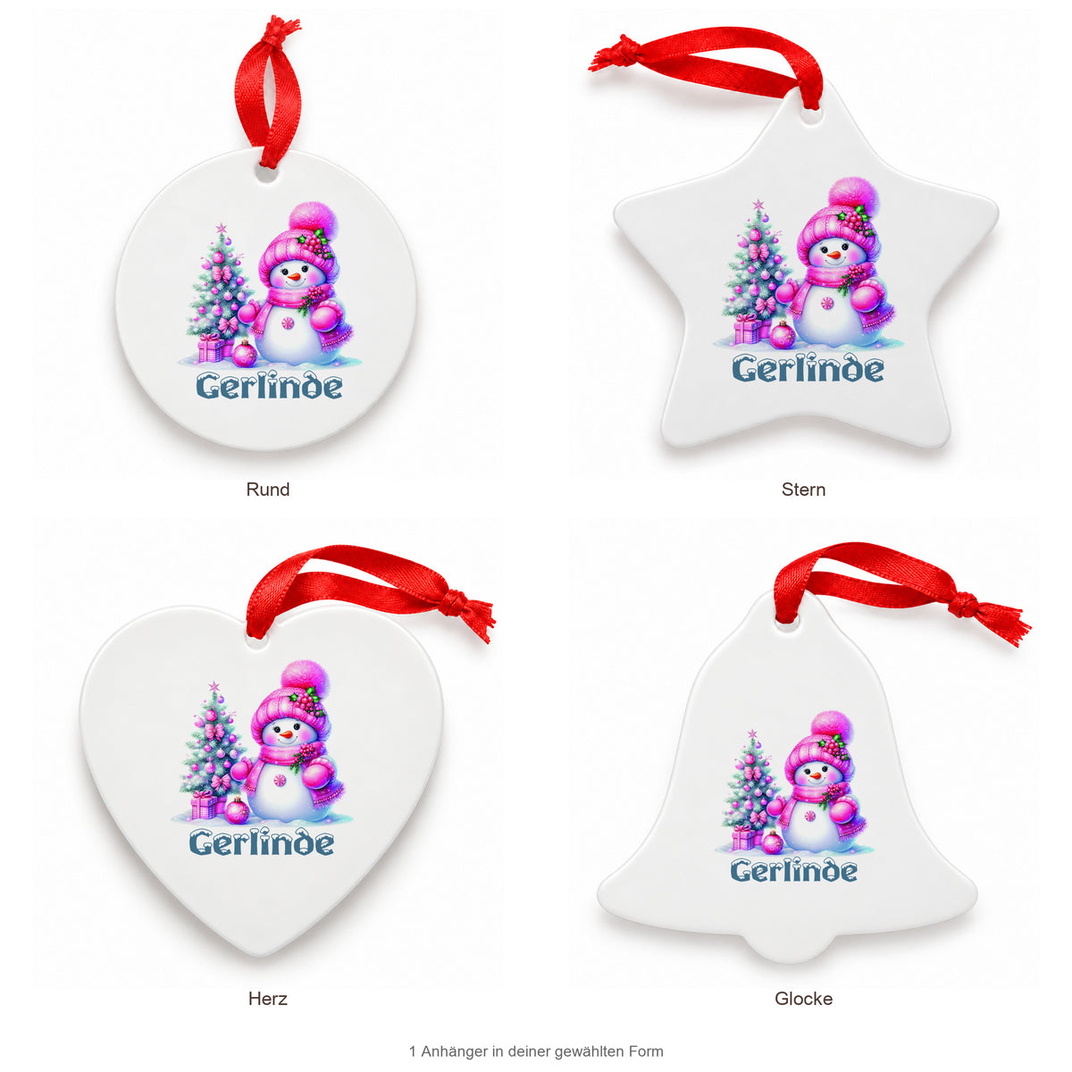 MUCKKI-PRO:91da3231d8a8c772f3d6072ea52dc45fbdc5321d47277dbda10b02cd5fed2333:Weihnachtsanhänger personalisiert Schneemann 3 mit Wunschnamen – Rund, Stern, Herz oder Glocke