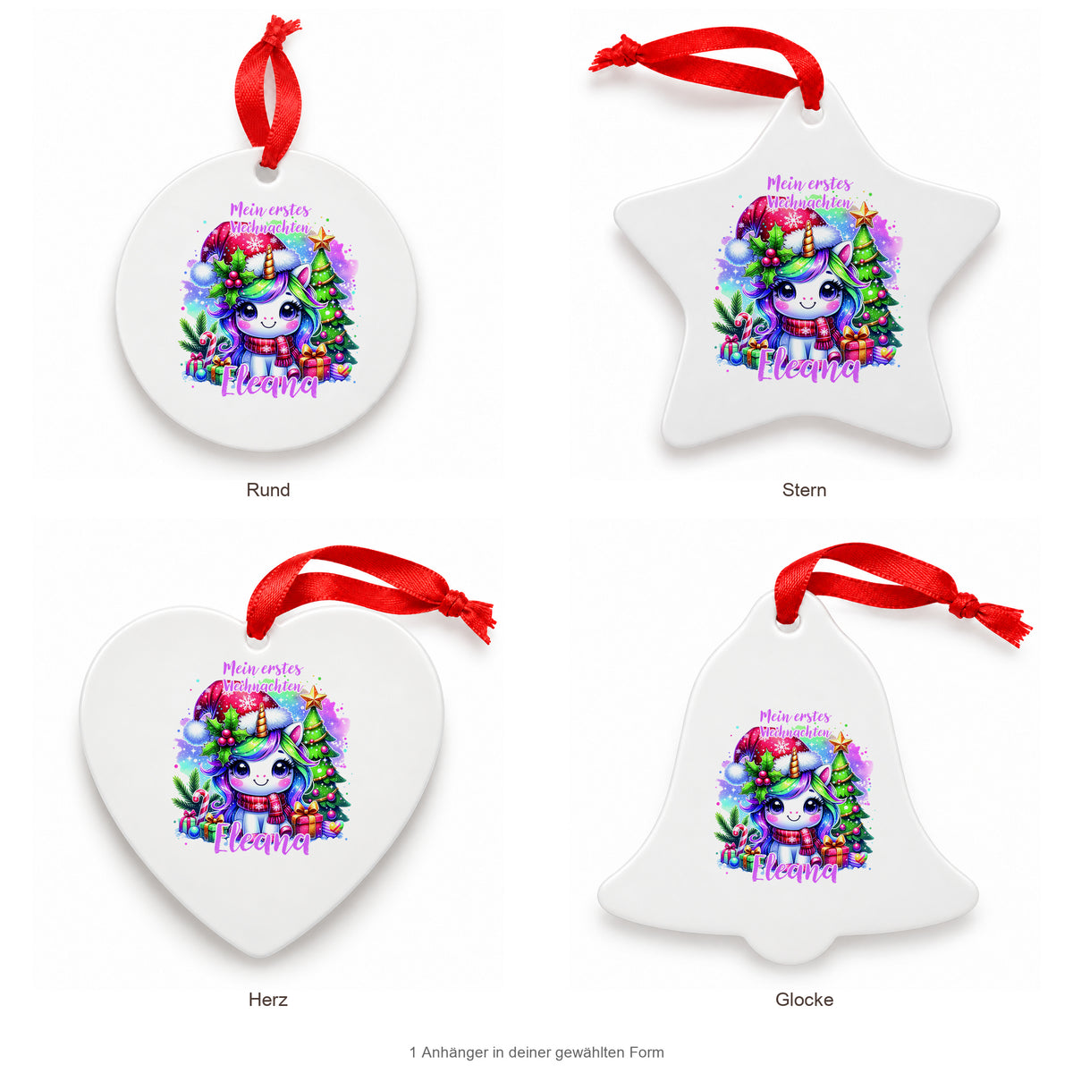 MUCKKI-PRO:2a387901ff36e926b3822c21f5227b336837ab9a503aff23fca0f63359d9661b:Weihnachtsanhänger personalisiert Einhorn 2 – mein erstes Weihnachten mit Wunschnamen – Rund, Stern, Herz oder Glocke