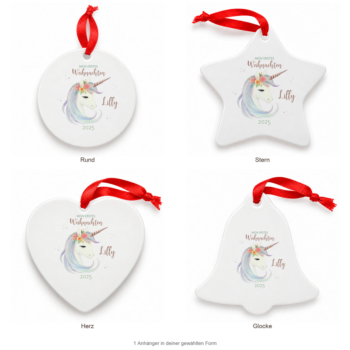 MUCKKI-PRO:21ac14ac3bb5841755d67c4cb49fc8adbcaf82b25f42cc02d7386e869aa8e151:Weihnachtsanhänger personalisiert Einhorn 1 – mein erstes Weihnachten mit Wunschnamen – Rund, Stern, Herz oder Glocke