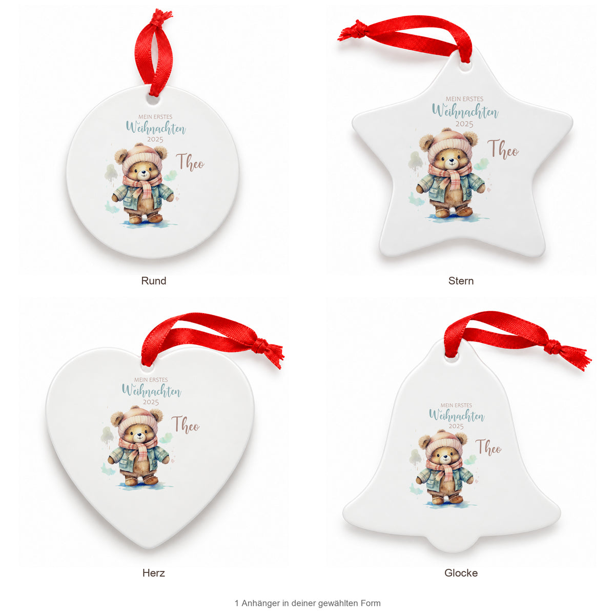 MUCKKI-PRO:0dccca7ad1a8192ec567540862a2c87ed2e7e0a79d7b7beac90aad2ef7b88868:Weihnachtsanhänger personalisiert Teddy – mein erstes Weihnachten mit Wunschnamen – Rund, Stern, Herz oder Glocke