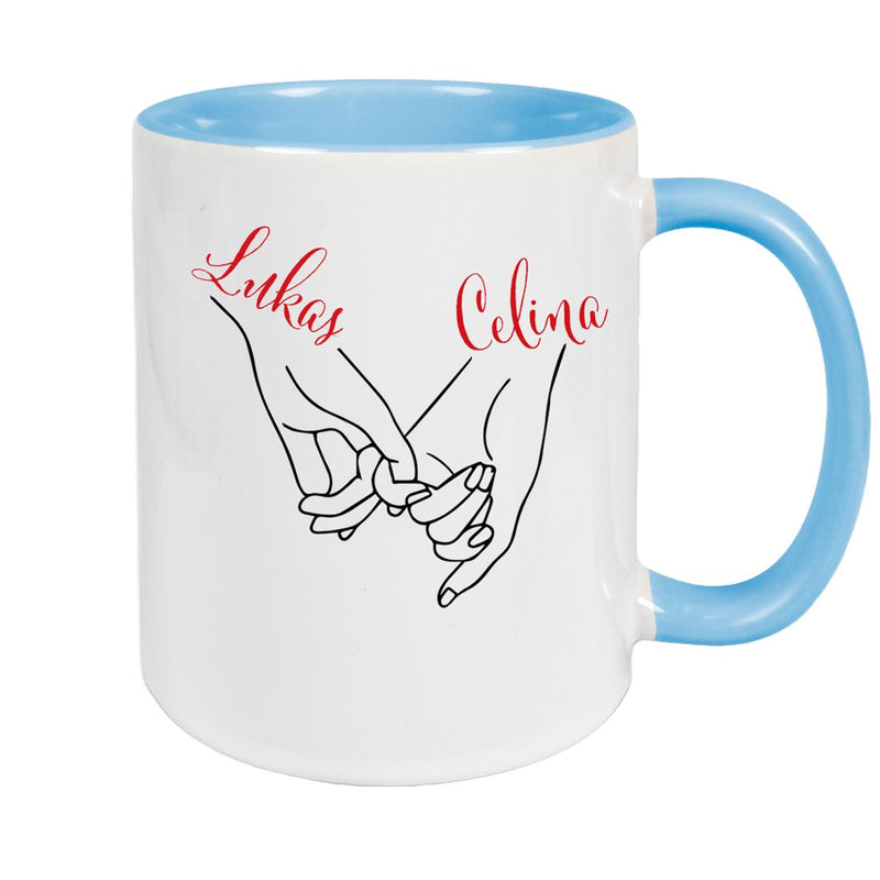 Tasse Hände Valentinstag 5 Wunschnamen Keramik personalisiert versch. Farben