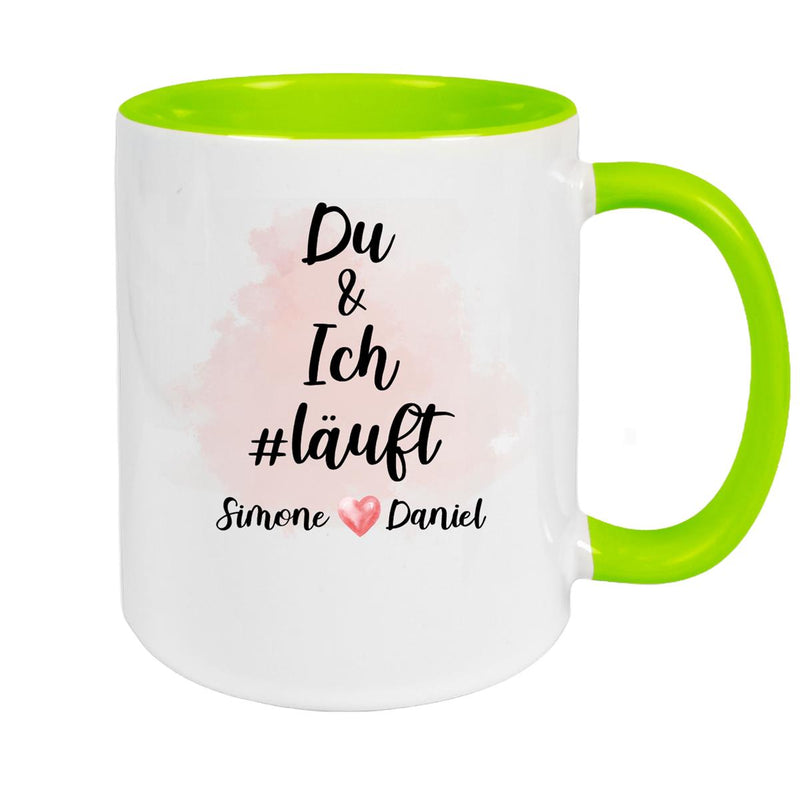Tasse Spruch "Du & Ich Läuft" Valentinstag 8 Wunschnamen Keramik personalisiert versch. Farben