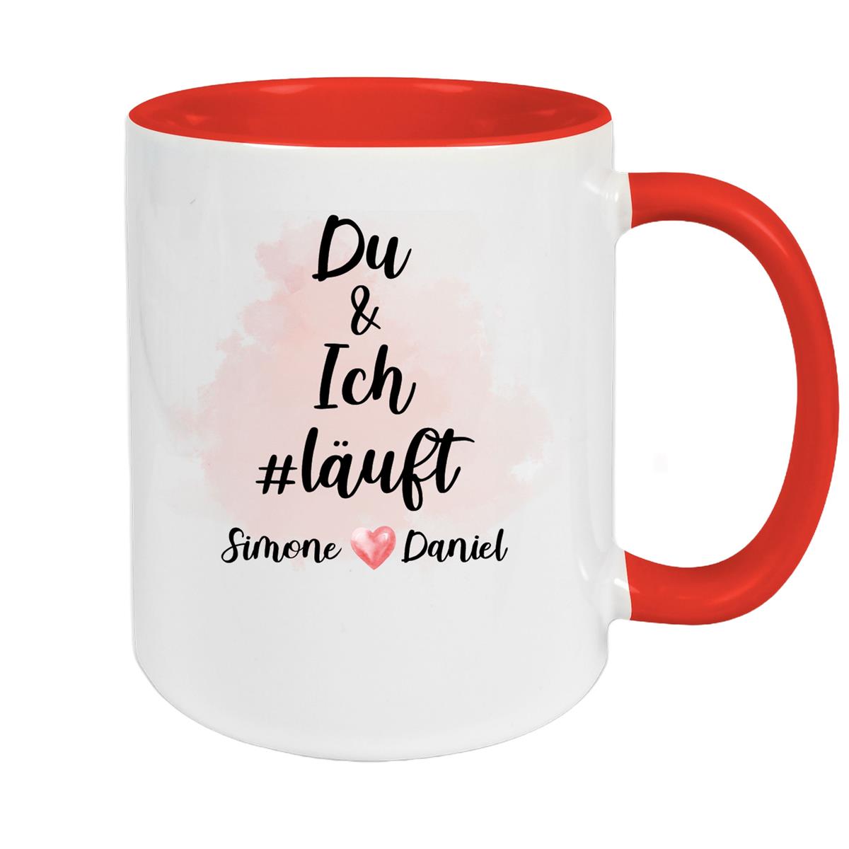 Tasse Spruch "Du & Ich Läuft" Valentinstag 8 Wunschnamen Keramik personalisiert versch. Farben