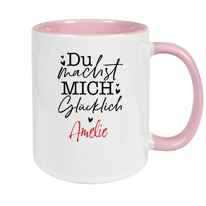 Tasse Liebe - Spruch "Du machst mich glücklich" Valentinstag Wunschnamen Keramik personalisiert versch. Farben