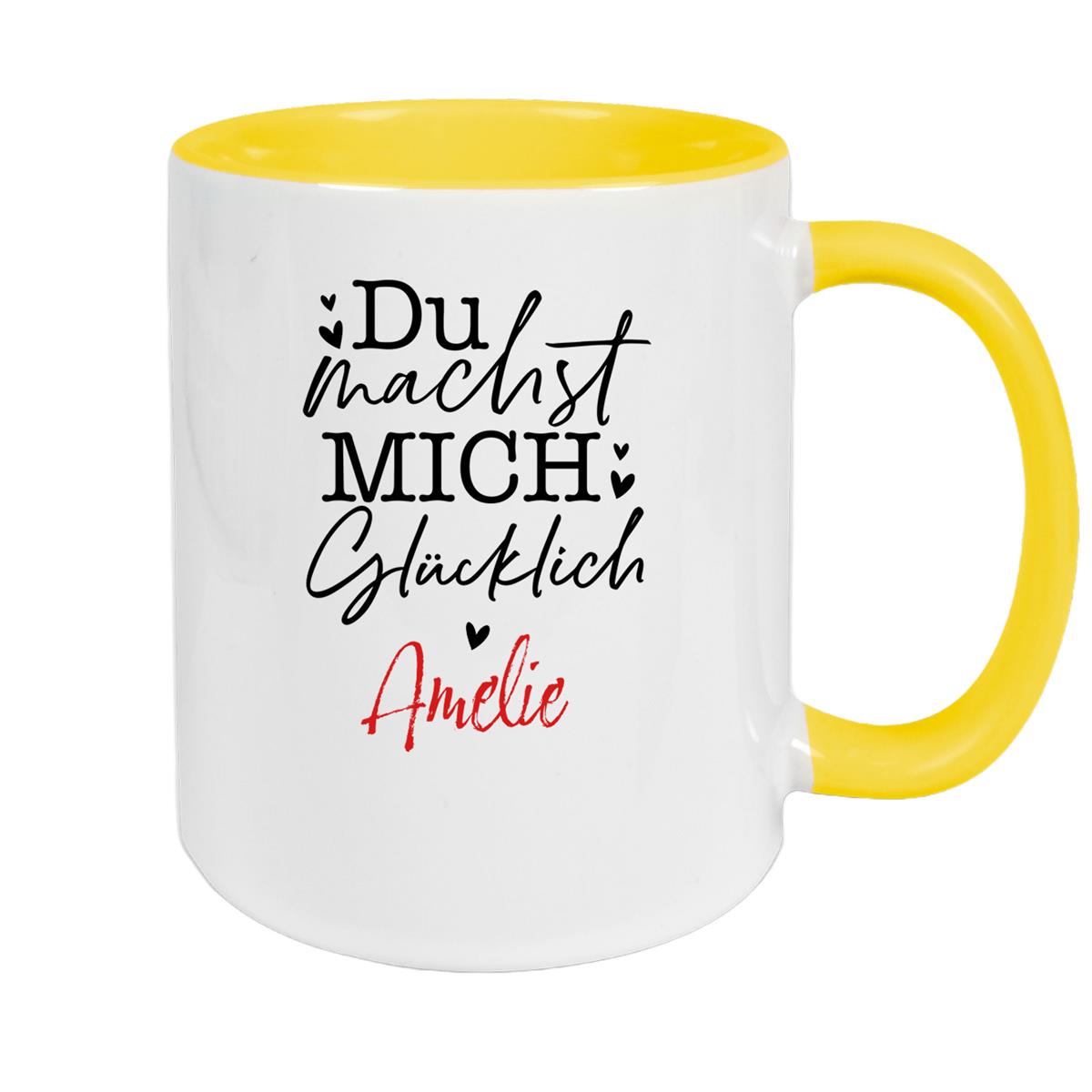 Tasse Liebe - Spruch "Du machst mich glücklich" Valentinstag Wunschnamen Keramik personalisiert versch. Farben