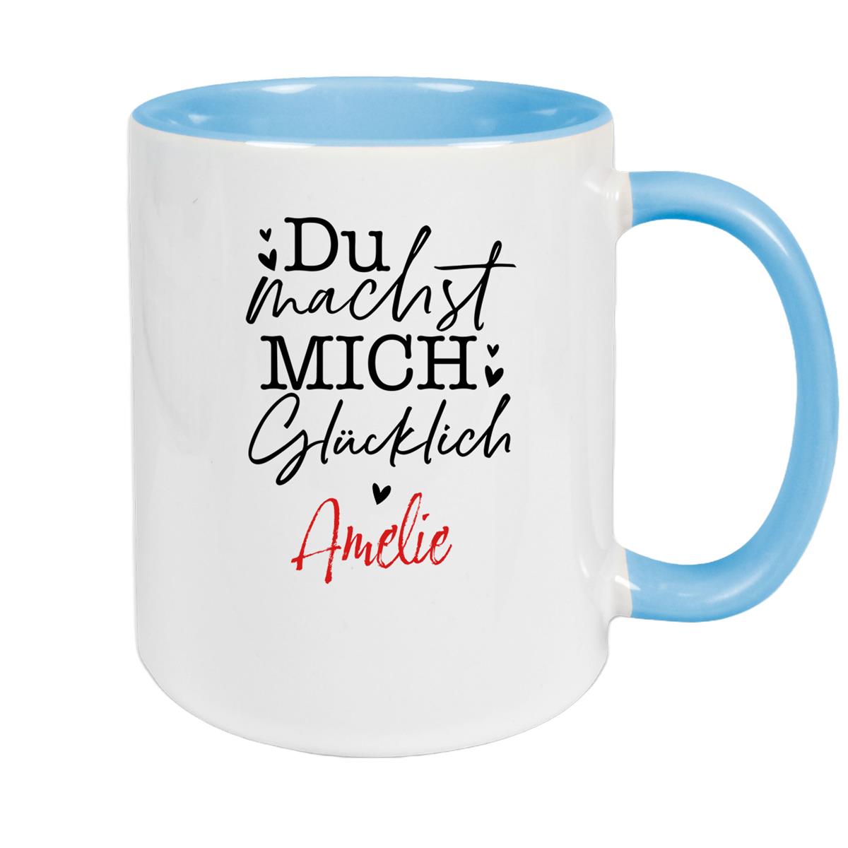 Tasse Liebe - Spruch "Du machst mich glücklich" Valentinstag Wunschnamen Keramik personalisiert versch. Farben