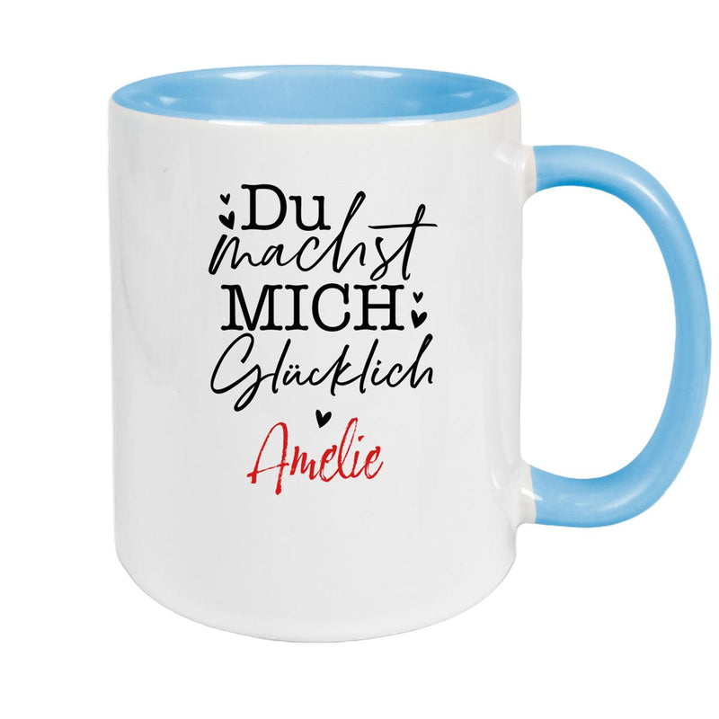 Tasse Liebe - Spruch "Du machst mich glücklich" Valentinstag Wunschnamen Keramik personalisiert versch. Farben