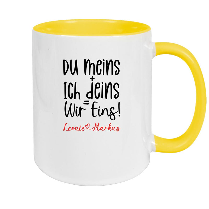 Tasse Liebe - Spruch "du meins, ich deins, wir eins" Valentinstag Wunschnamen Keramik personalisiert versch. Farben