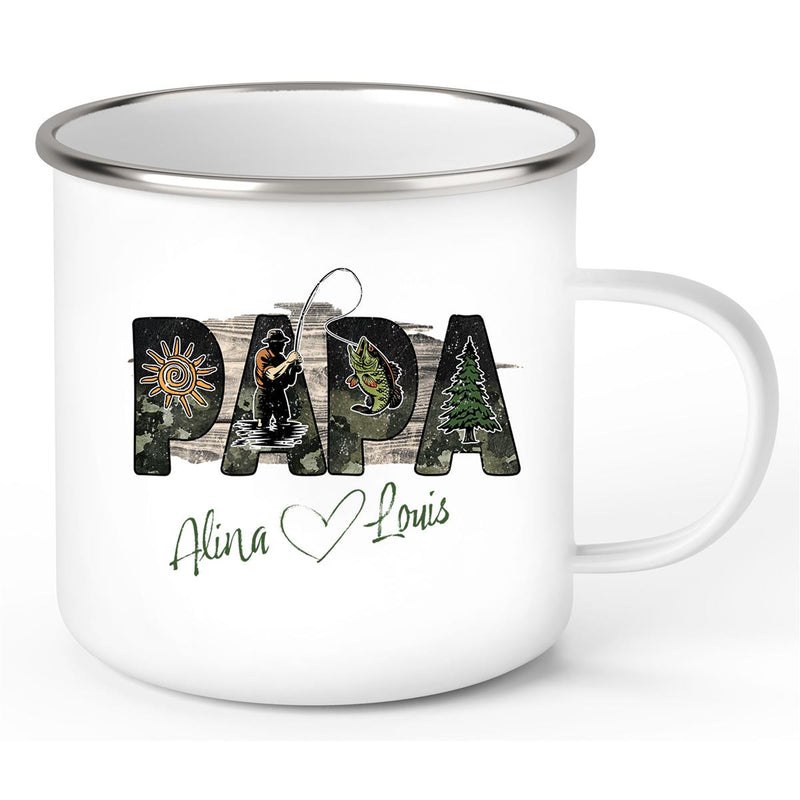 Tasse Vatertag 6 "Angler" Wunschnamen Emaille Personalisiert