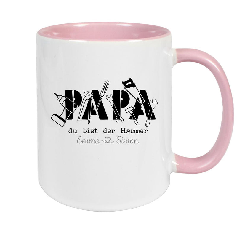Tasse Vatertag 9 Papa, "Du bist der Hammer" Wunschnamen Keramik Personalisiert versch. Farben