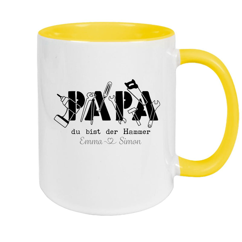 Tasse Vatertag 9 Papa, "Du bist der Hammer" Wunschnamen Keramik Personalisiert versch. Farben