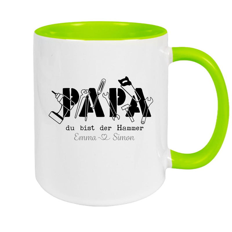 Tasse Vatertag 9 Papa, "Du bist der Hammer" Wunschnamen Keramik Personalisiert versch. Farben