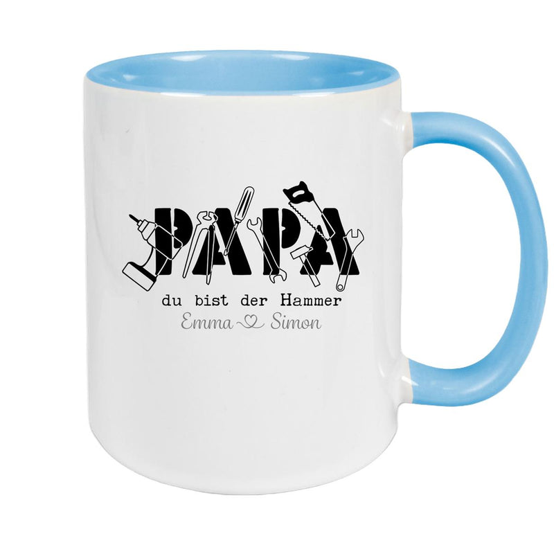 Tasse Vatertag 9 Papa, "Du bist der Hammer" Wunschnamen Keramik Personalisiert versch. Farben