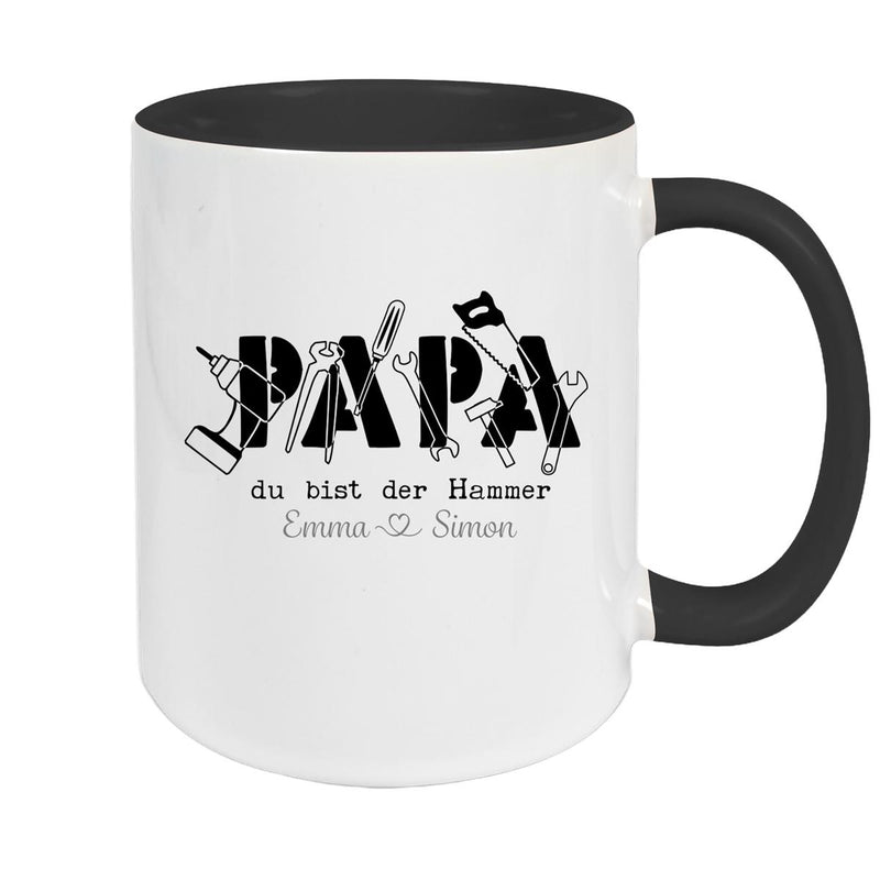 Tasse Vatertag 9 Papa, "Du bist der Hammer" Wunschnamen Keramik Personalisiert versch. Farben