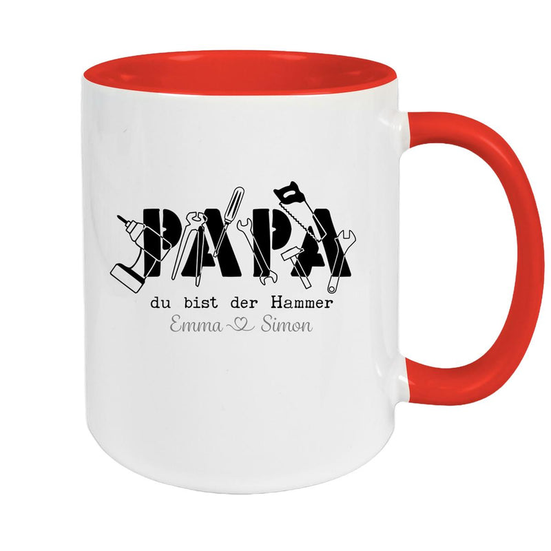 Tasse Vatertag 9 Papa, "Du bist der Hammer" Wunschnamen Keramik Personalisiert versch. Farben