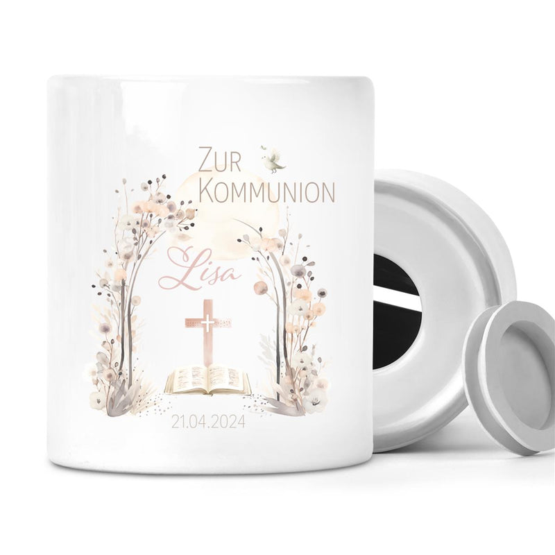 Spardose zur Kommunion mit Wunschname Blumen 1 Personalisiert