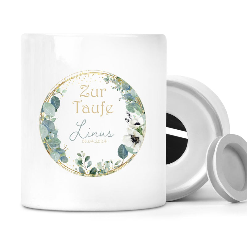 Spardose mit Wunschname Taufe Kreuz 2 personalisiert
