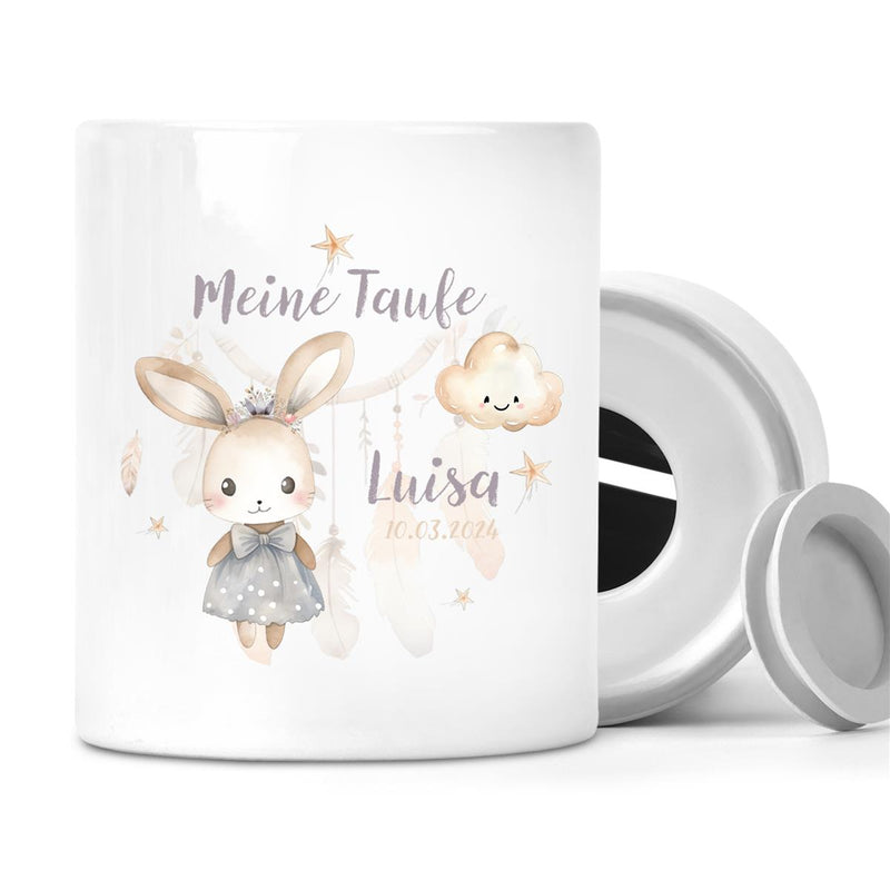 Spardose mit Wunschname Taufe Hase 1 personalisiert