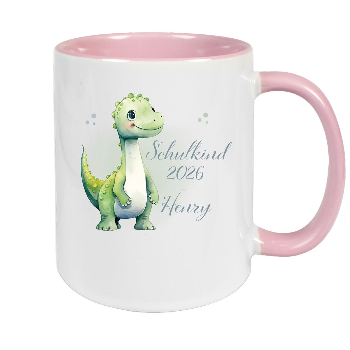 Tasse Schulkind 4 Wunschname Dino1 Keramik Kinderbecher Personalisiert versch. Farben