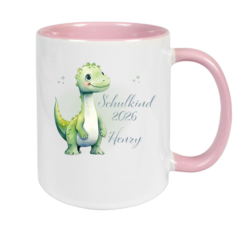 Tasse Schulkind 4 Wunschname Dino1 Keramik Kinderbecher Personalisiert versch. Farben