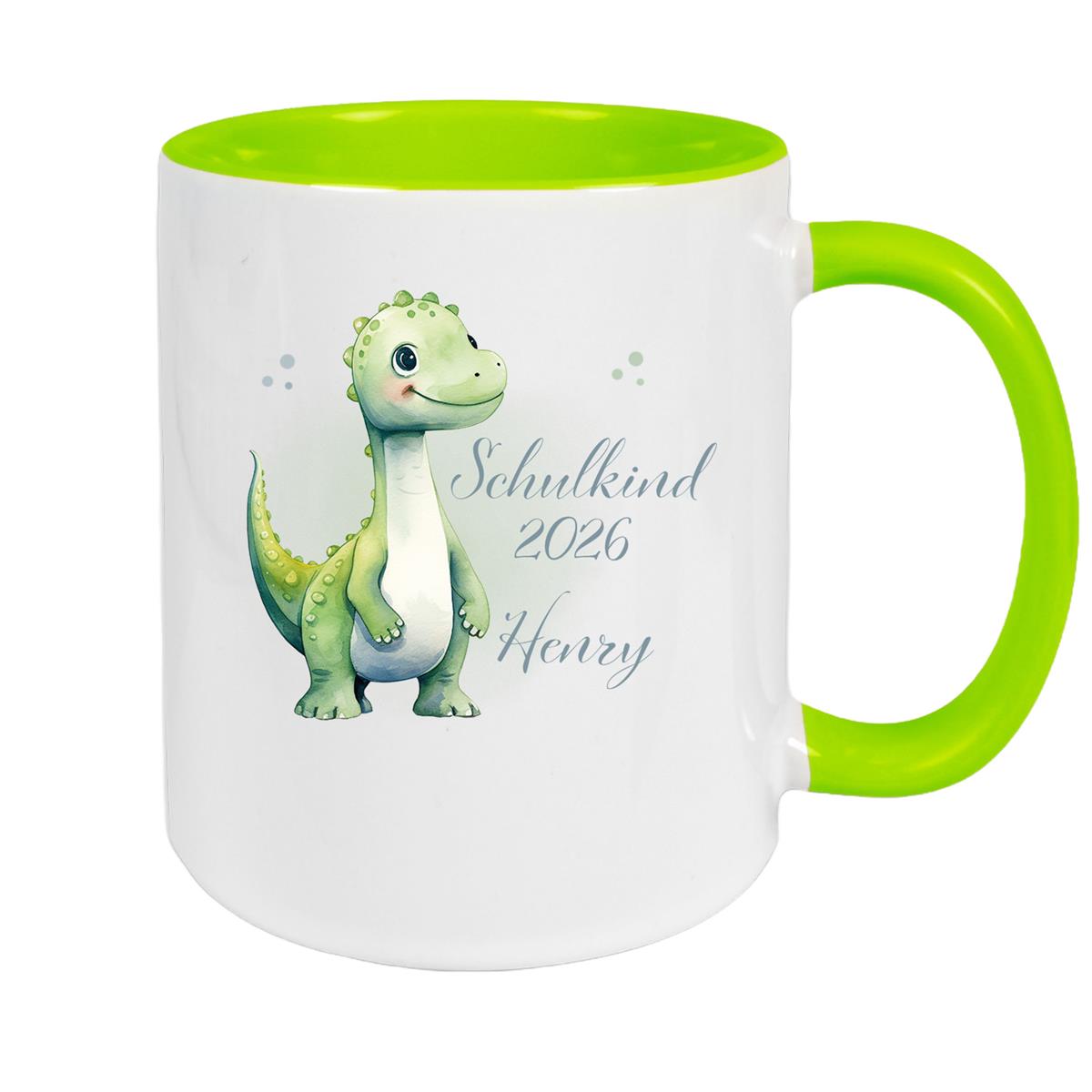 Tasse Schulkind 4 Wunschname Dino1 Keramik Kinderbecher Personalisiert versch. Farben