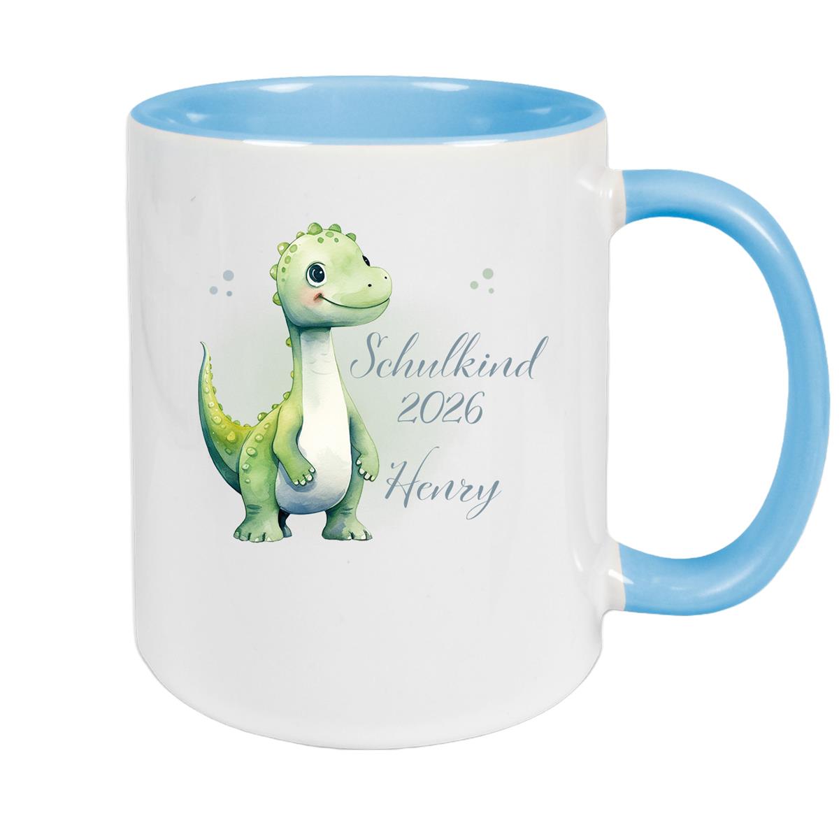 Tasse Schulkind 4 Wunschname Dino1 Keramik Kinderbecher Personalisiert versch. Farben