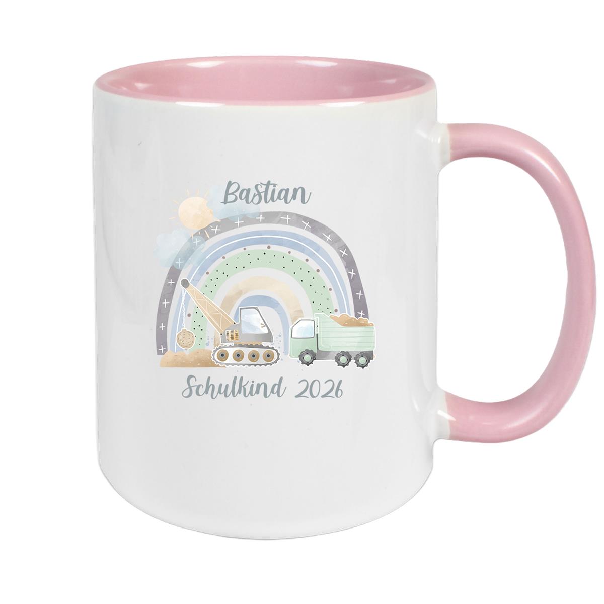 Tasse Schulkind 08 Wunschname Rainbow Baustelle Keramik Kinderbecher Personalisiert versch. Farben
