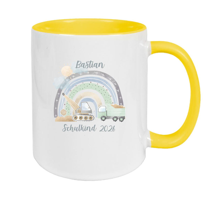Tasse Schulkind 08 Wunschname Rainbow Baustelle Keramik Kinderbecher Personalisiert versch. Farben