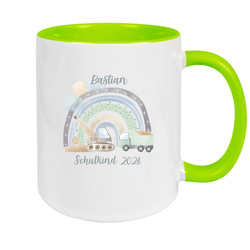 Tasse Schulkind 08 Wunschname Rainbow Baustelle Keramik Kinderbecher Personalisiert versch. Farben
