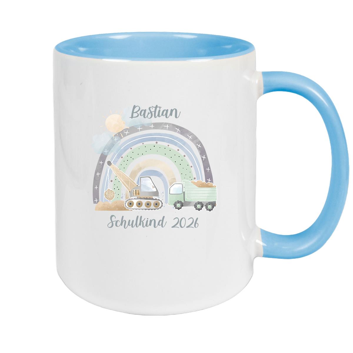 Tasse Schulkind 08 Wunschname Rainbow Baustelle Keramik Kinderbecher Personalisiert versch. Farben