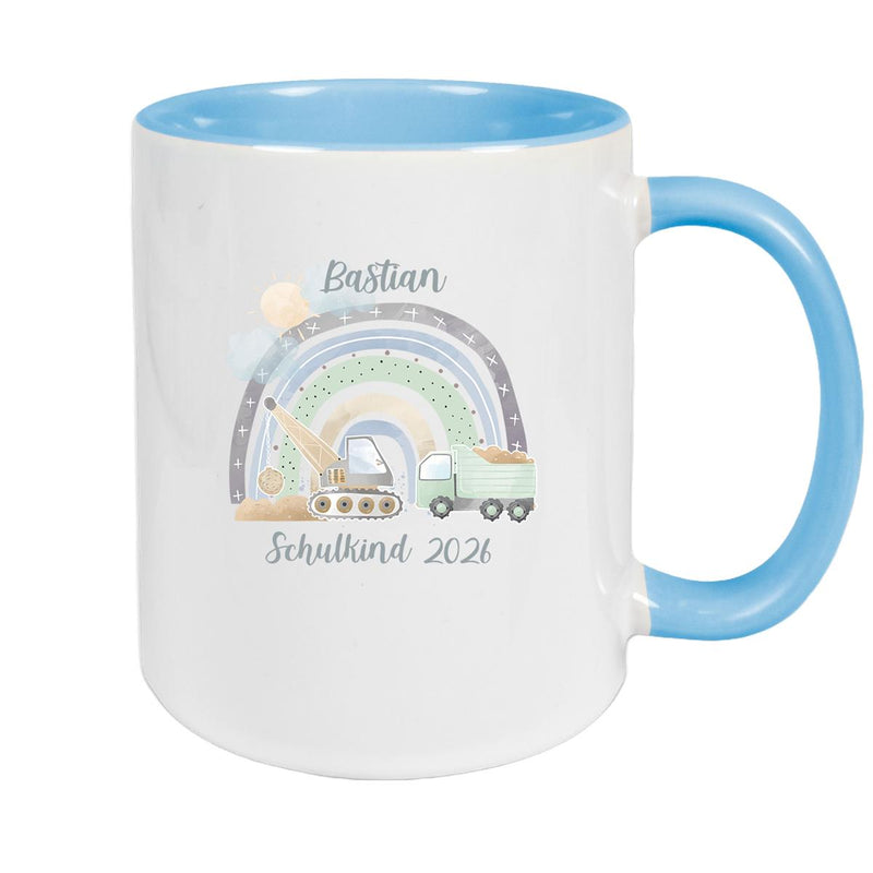 Tasse Schulkind 08 Wunschname Rainbow Baustelle Keramik Kinderbecher Personalisiert versch. Farben