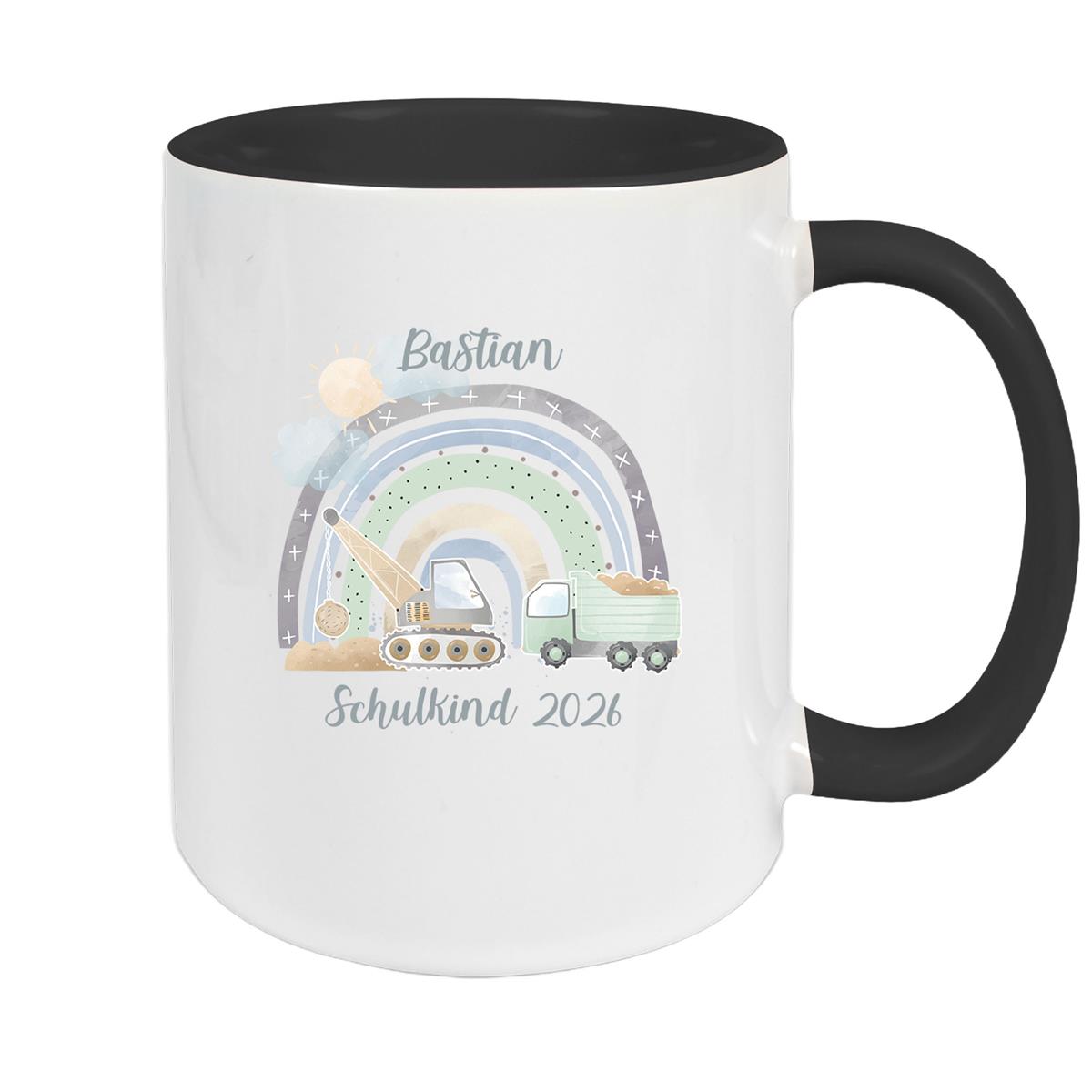 Tasse Schulkind 08 Wunschname Rainbow Baustelle Keramik Kinderbecher Personalisiert versch. Farben