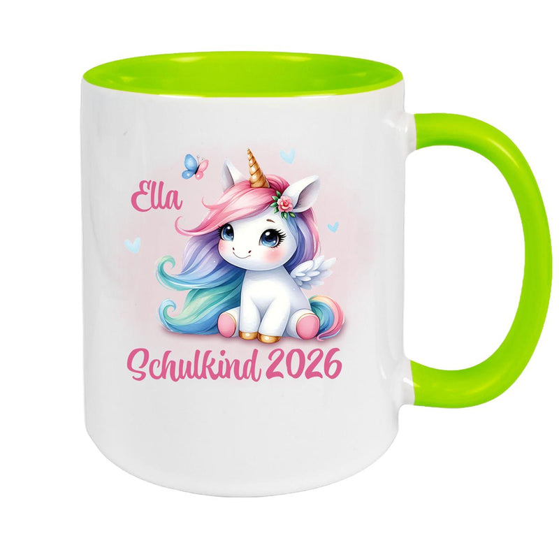 Tasse Schulkind 09 Wunschname Einhorn 2 Keramik Kinderbecher Personalisiert versch. Farben