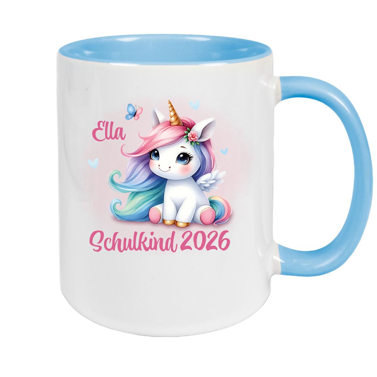 Tasse Schulkind 09 Wunschname Einhorn 2 Keramik Kinderbecher Personalisiert versch. Farben