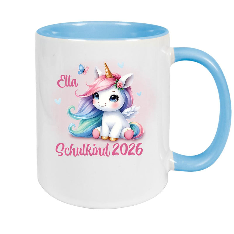 Tasse Schulkind 09 Wunschname Einhorn 2 Keramik Kinderbecher Personalisiert versch. Farben