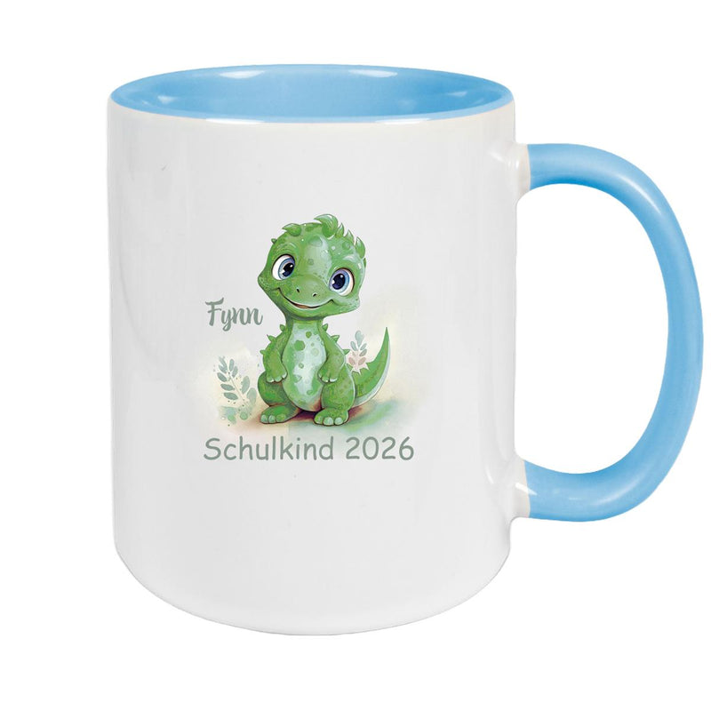Tasse Schulkind 11 Wunschname Dino 2 Keramik Kinderbecher Personalisiert versch. Farben