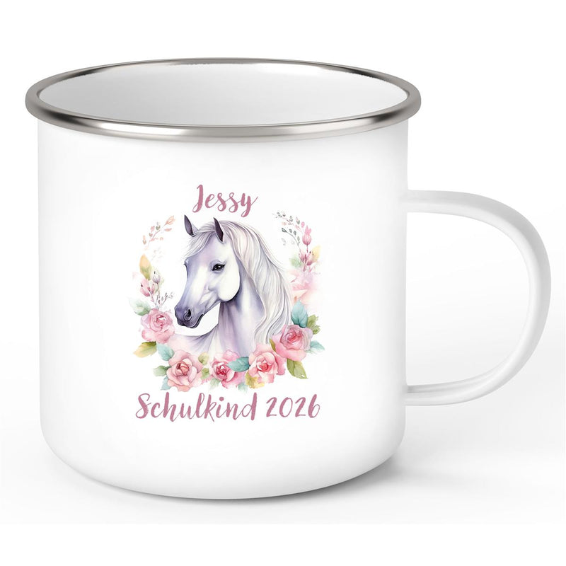 Tasse Schulkind 14 Wunschname Pferd1 Emaille Kinderbecher Personalisiert