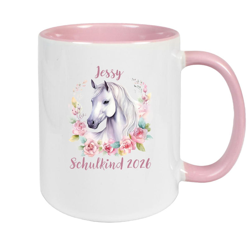 Tasse Schulkind 14 Wunschname Pferd1 Keramik Kinderbecher Personalisiert versch. Farben