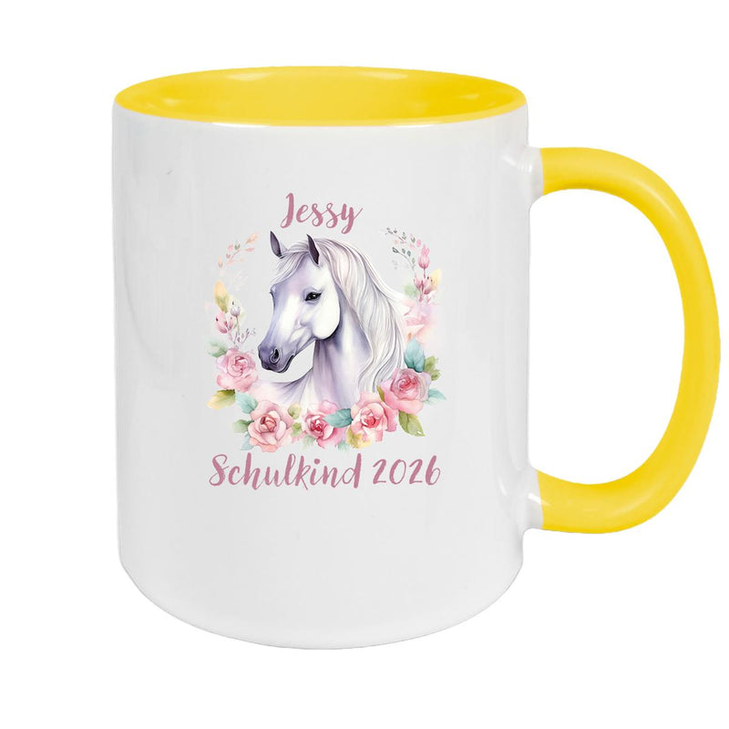 Tasse Schulkind 14 Wunschname Pferd1 Keramik Kinderbecher Personalisiert versch. Farben