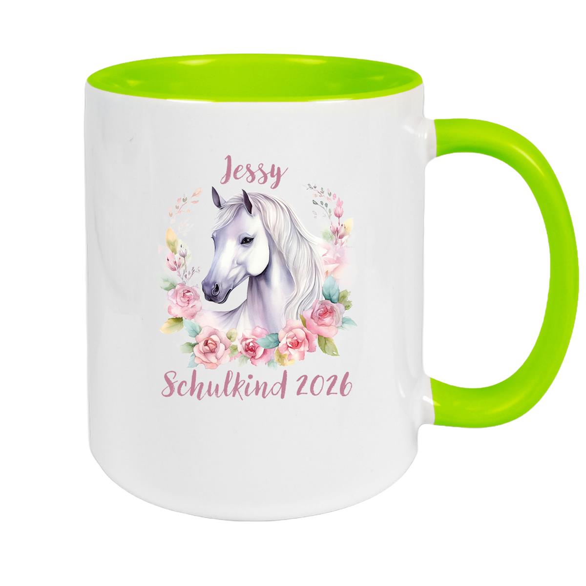 Tasse Schulkind 14 Wunschname Pferd1 Keramik Kinderbecher Personalisiert versch. Farben
