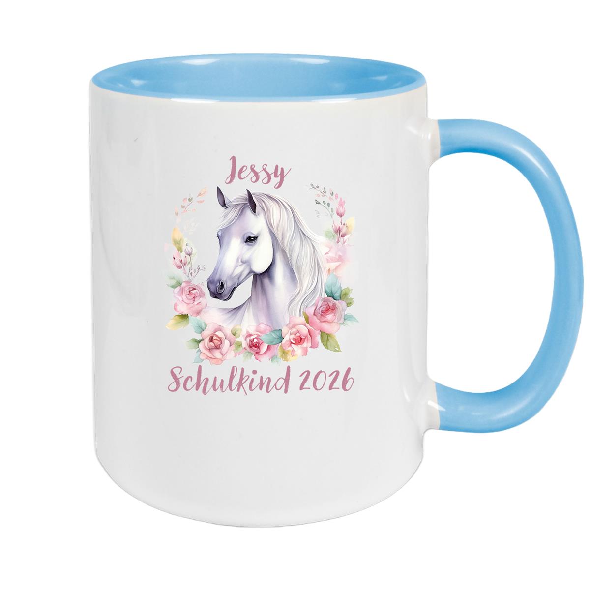 Tasse Schulkind 14 Wunschname Pferd1 Keramik Kinderbecher Personalisiert versch. Farben