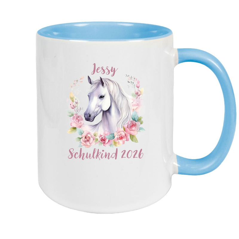 Tasse Schulkind 14 Wunschname Pferd1 Keramik Kinderbecher Personalisiert versch. Farben