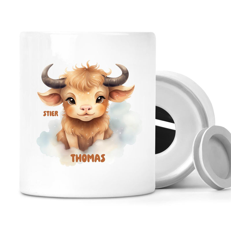 Piggy bank with desired name Zodiac sign Taurus 1 personalized