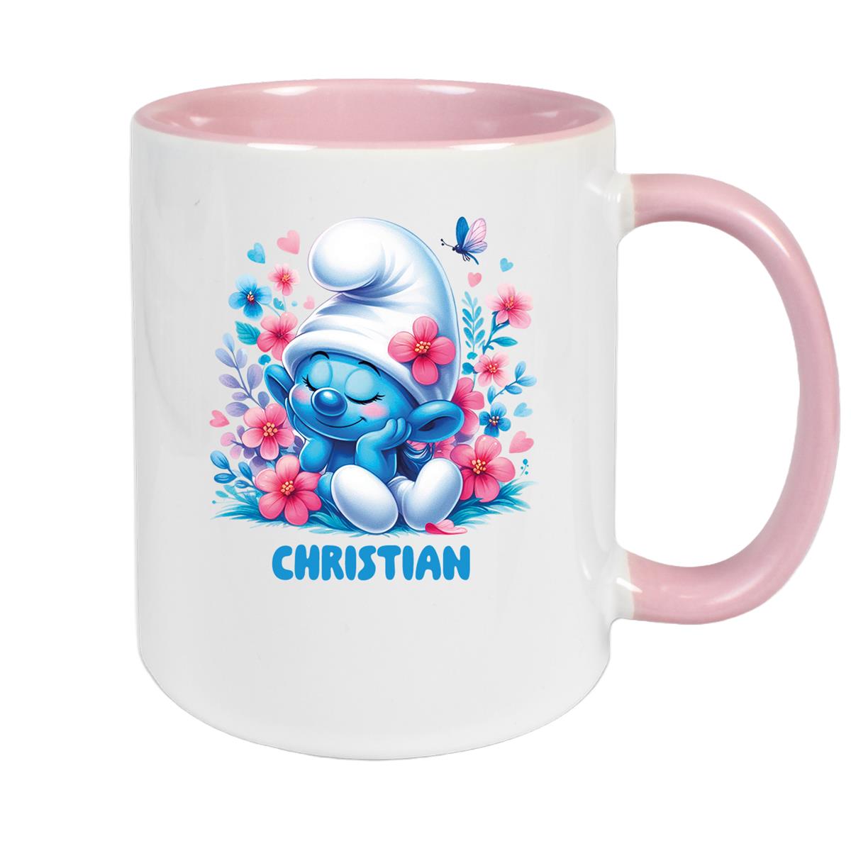 Tasse Kinder Schlumpf 1 mit Blumen Wunschname Keramik Kinderbecher personalisiert versch. Farben