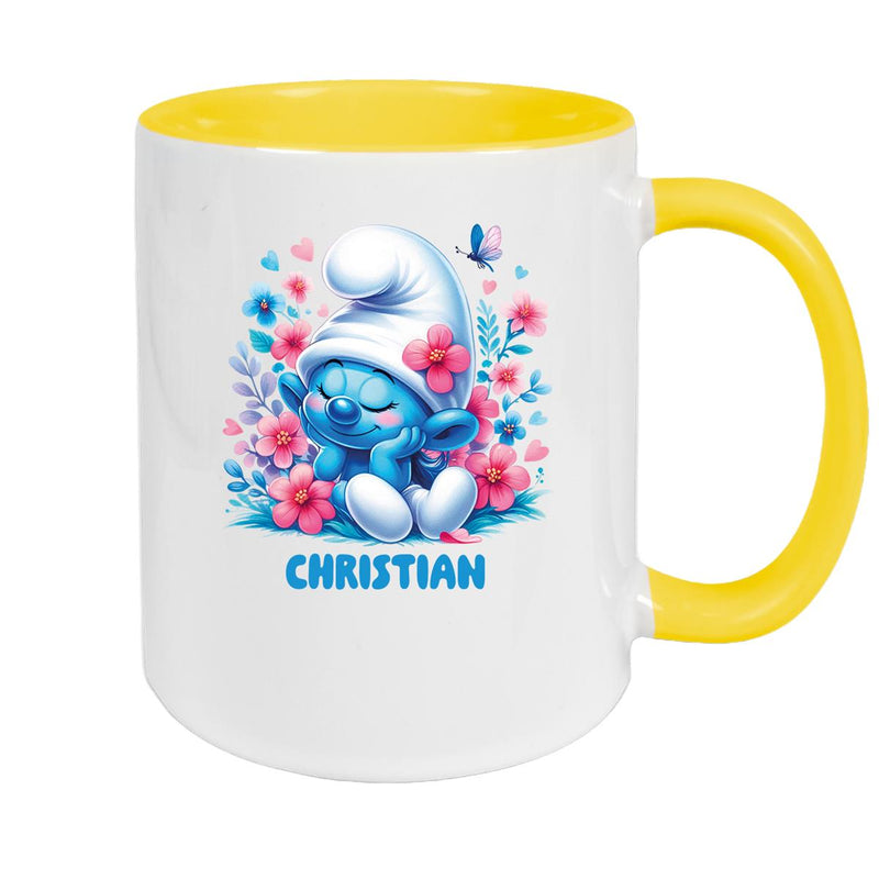 Tasse Kinder Schlumpf 1 mit Blumen Wunschname Keramik Kinderbecher personalisiert versch. Farben